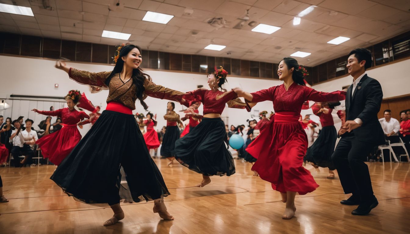 A group of Vietnamese-Americans performing traditional dances in a community center.