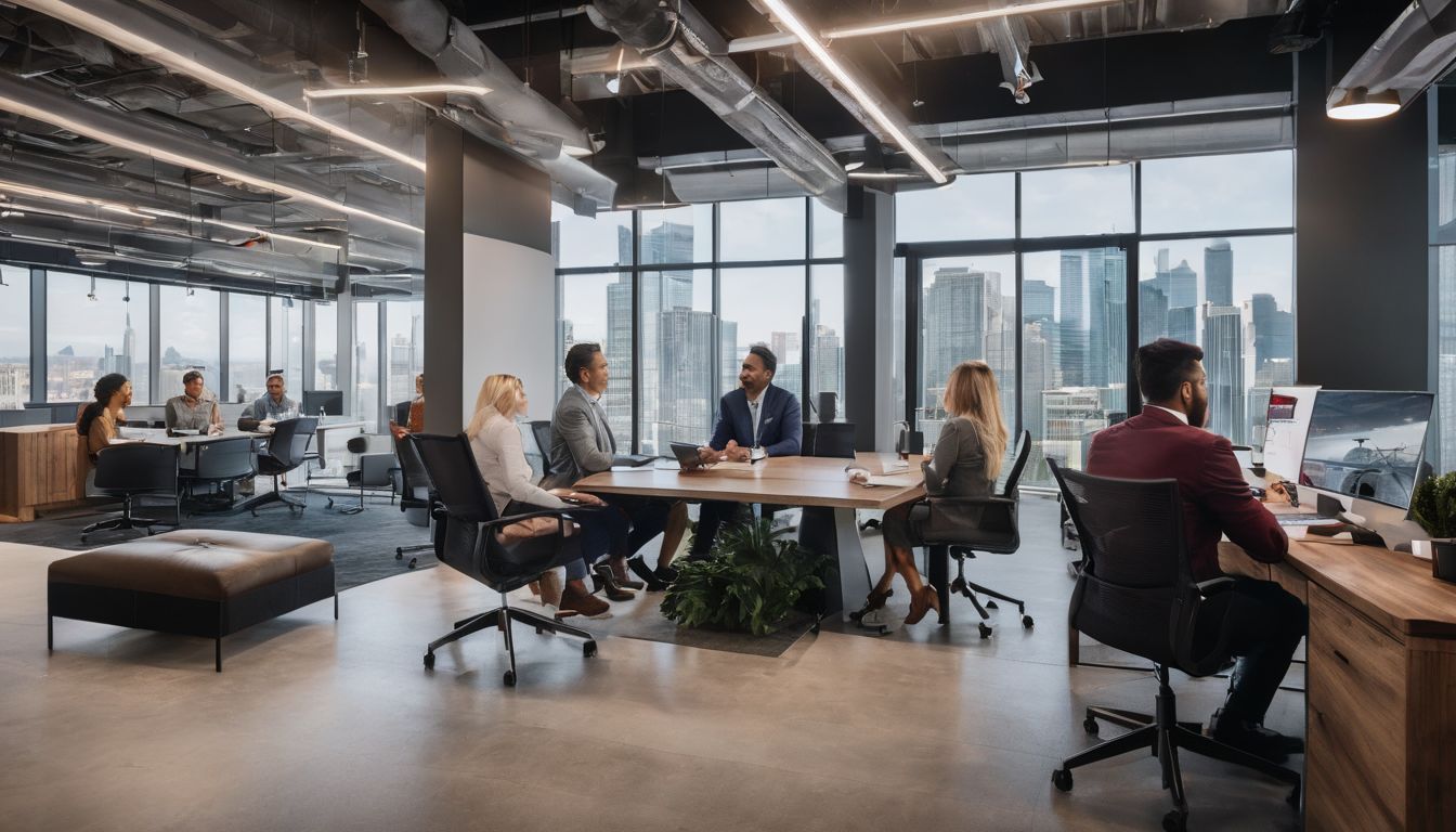 A diverse group discusses mortgage options in a modern office space.