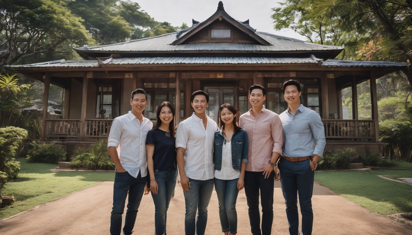 A Vietnamese family stands in front of their new home.