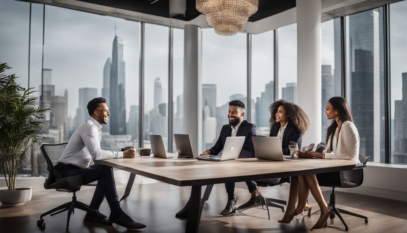 Real estate agents discussing market trends and strategies in a modern office.