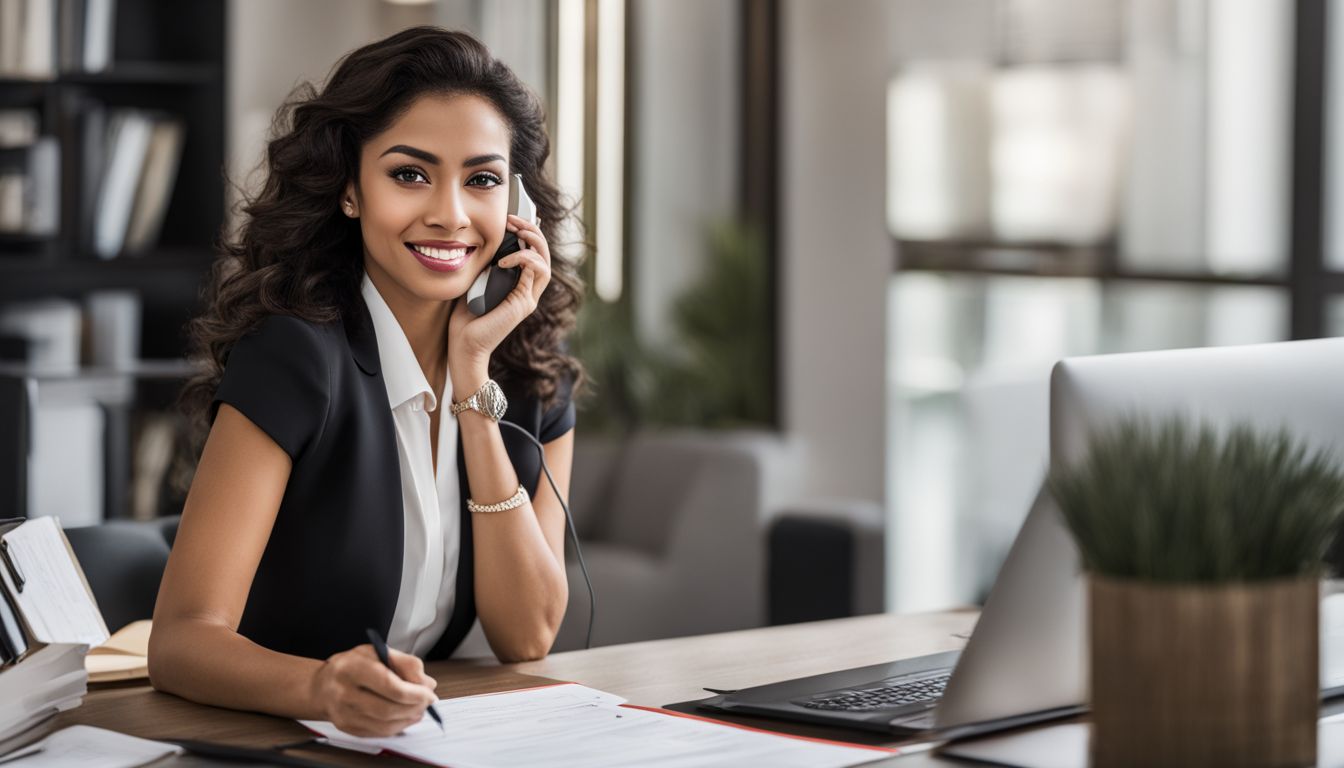 A confident real estate agent speaking on the phone with documents.