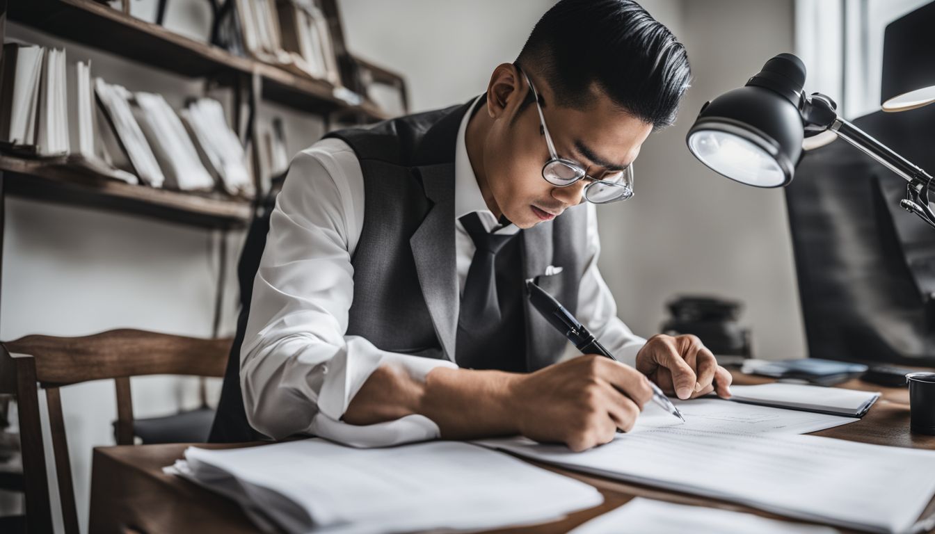 A Vietnamese translator reviews a document with a magnifying glass.