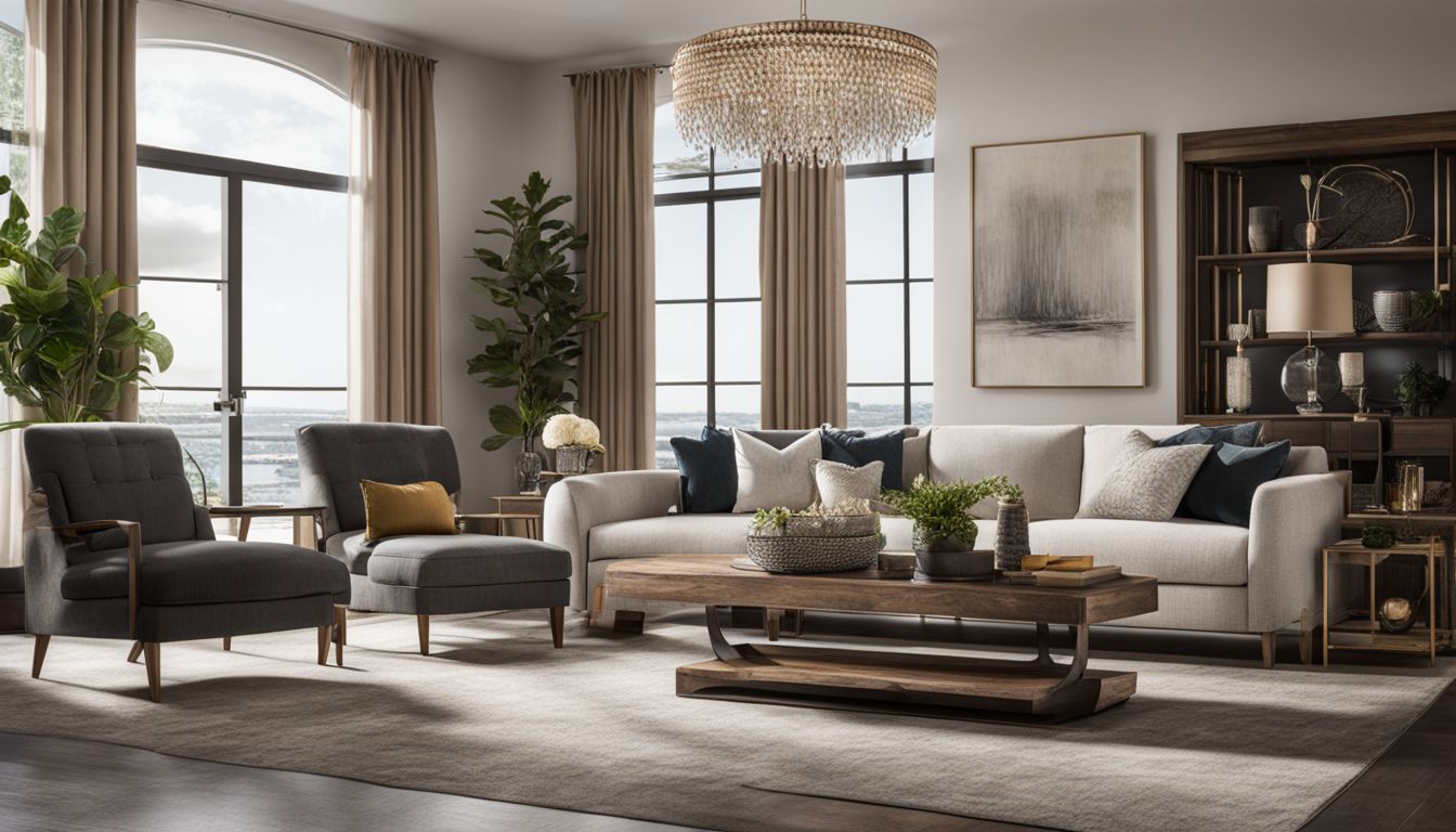 A beautifully staged living room with modern furniture and vibrant decor.