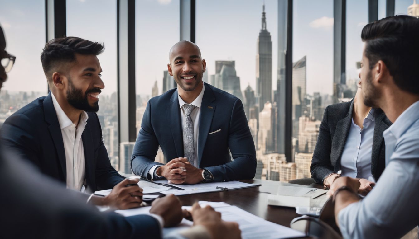 A diverse group of business professionals discussing investment opportunities.