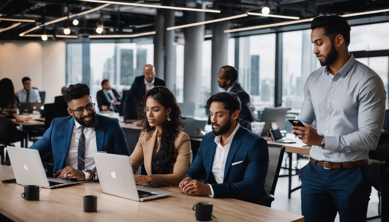 A diverse group of business professionals collaborating in a modern office space.