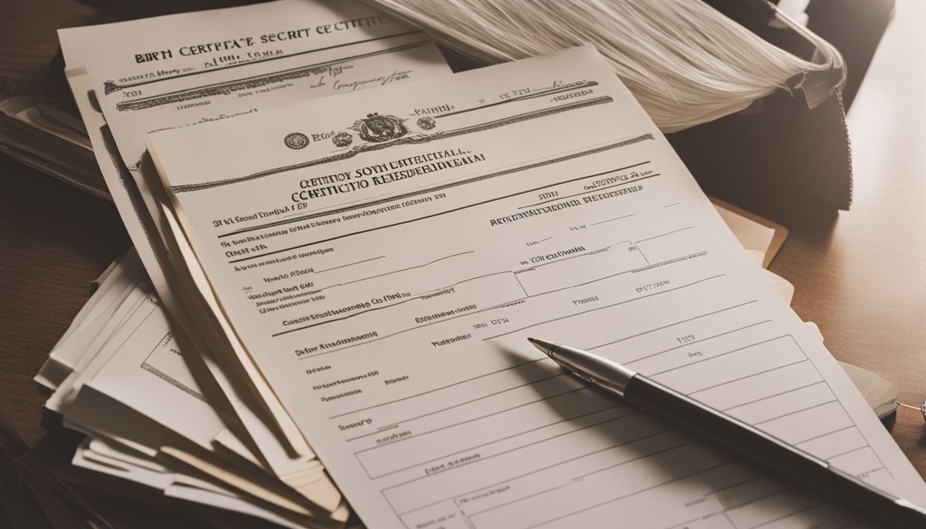 Stack of documents surrounded by school supplies in a bustling atmosphere.