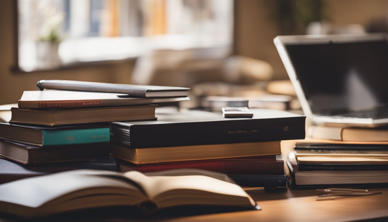 Colorful books and study materials arranged on a desk with a laptop and a Sold sign in the background.