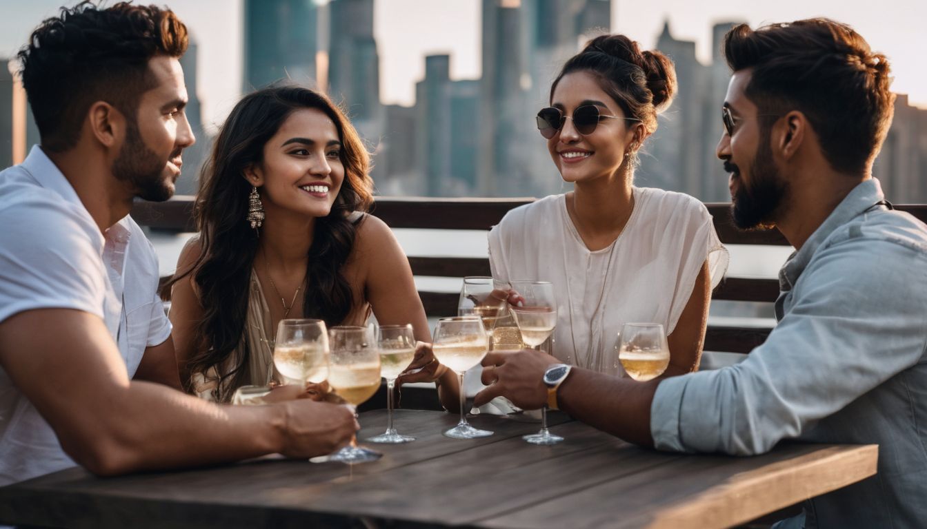 A diverse group of friends discussing housing preferences at a rooftop bar.