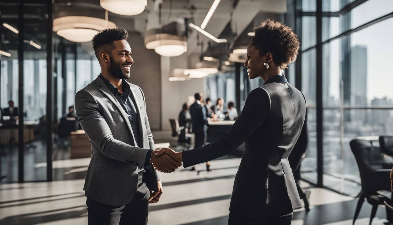 Two individuals shake hands in a modern office environment.