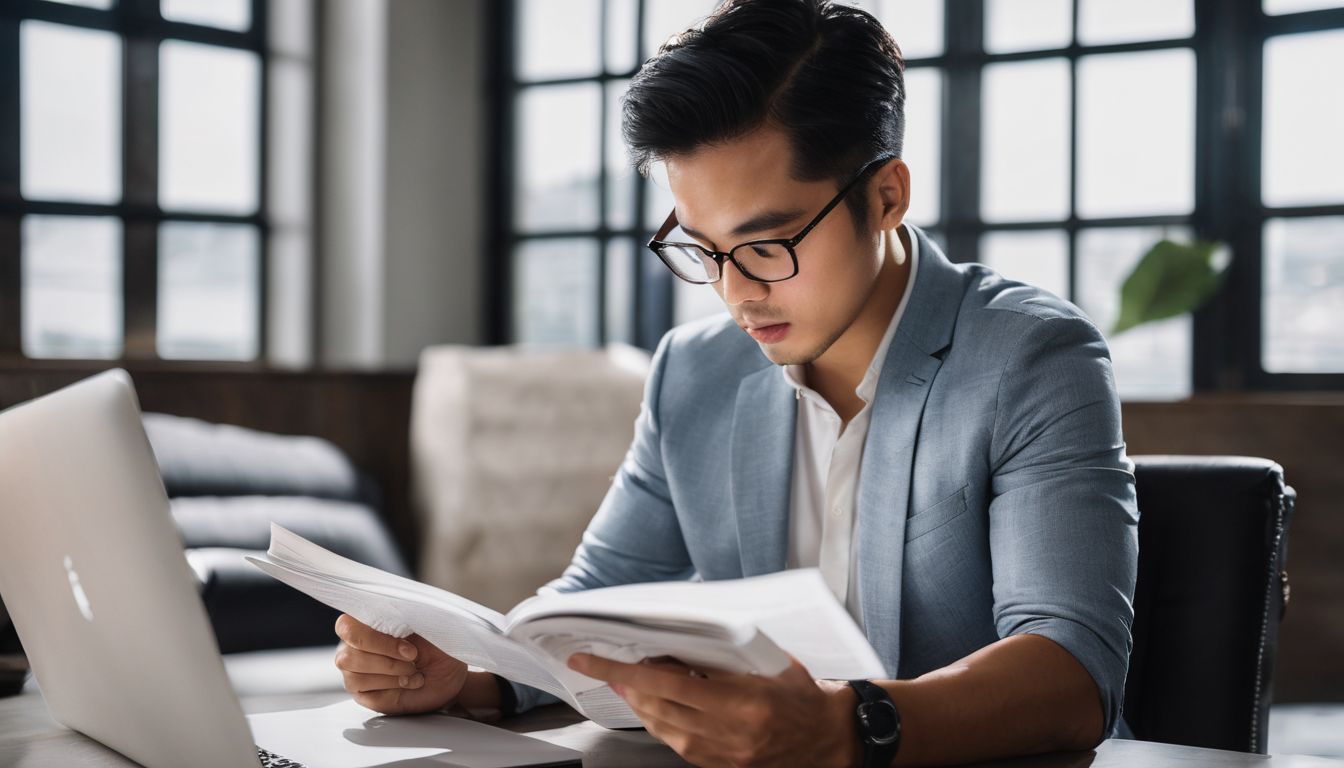 A Vietnamese-American real estate agent studying with real estate books in the background.