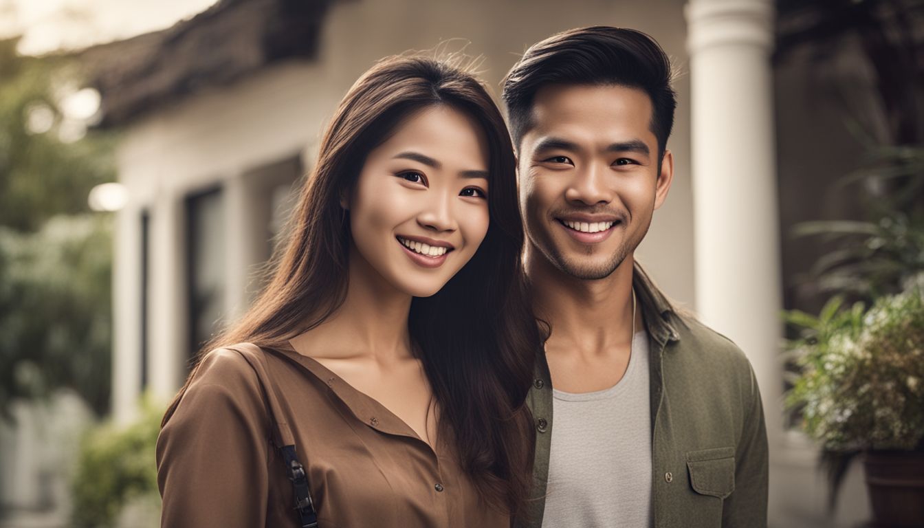 A joyful Vietnamese couple poses in front of their new home.