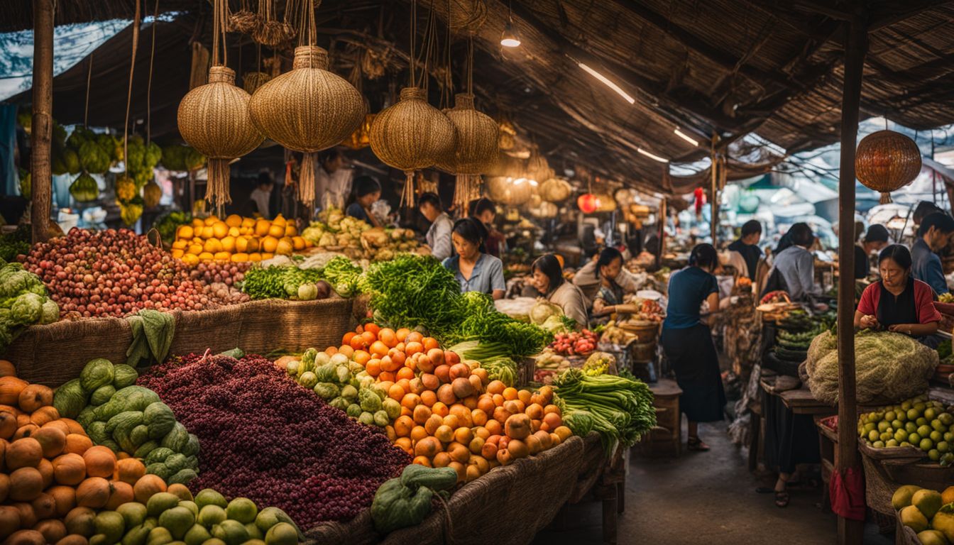 A vibrant Vietnamese marketplace with colorful fruits, vegetables, and traditional handicrafts.