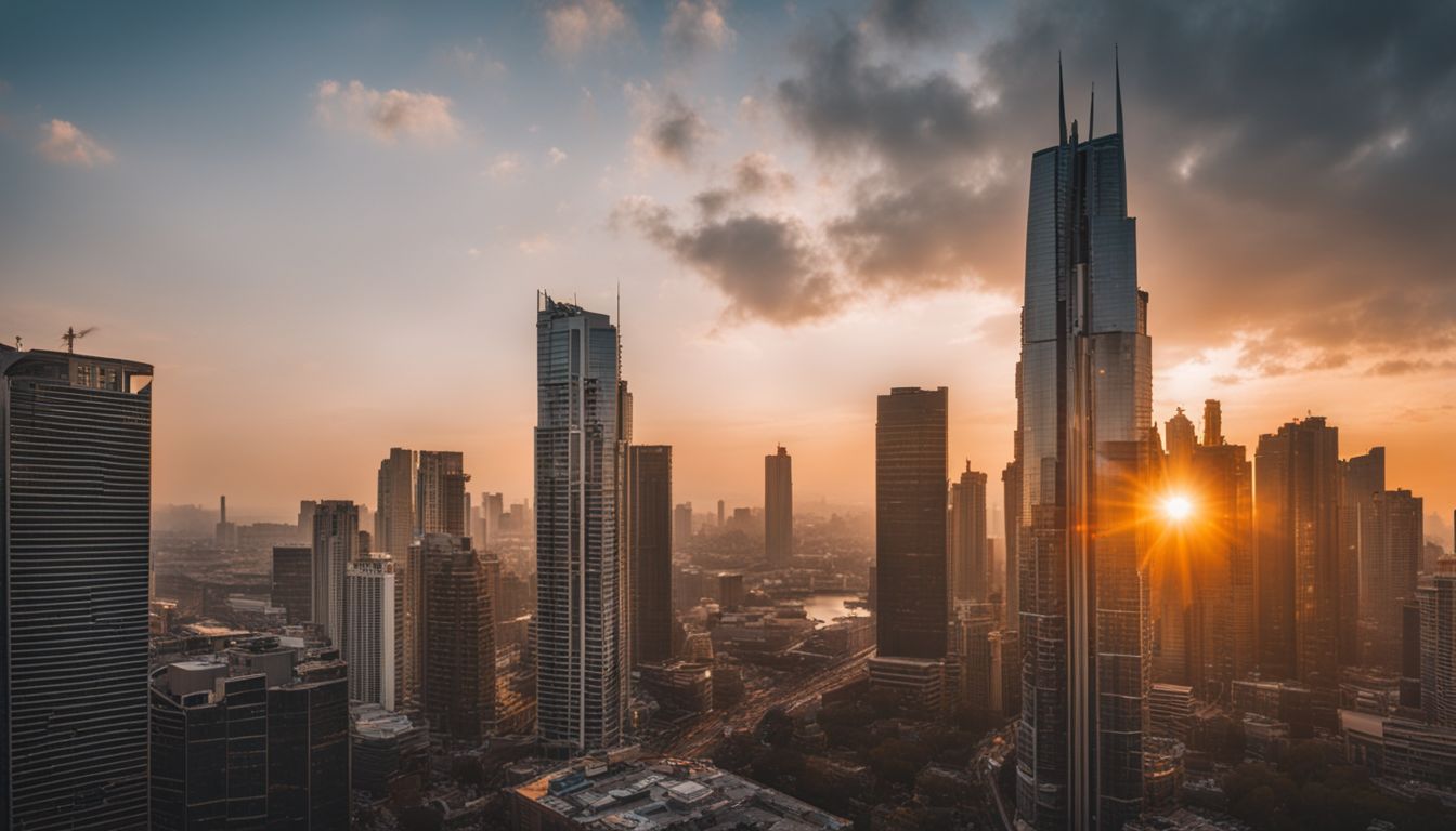 A diverse city skyline at sunset captured in stunning detail.