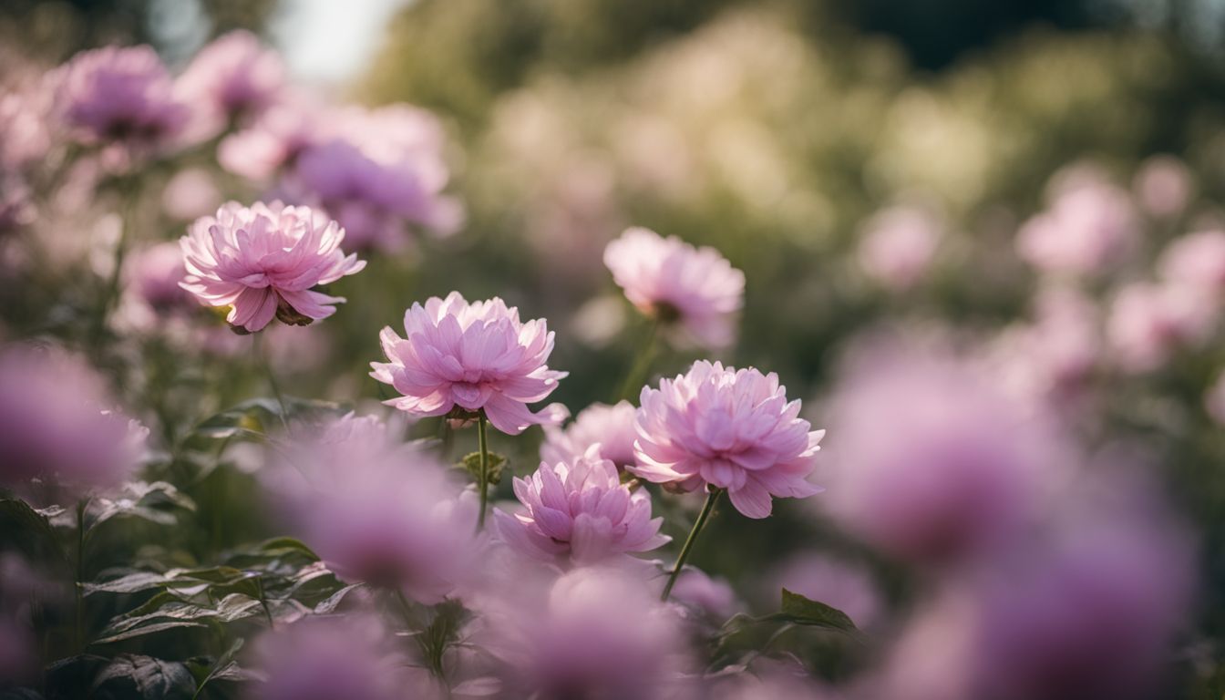 A vibrant garden with blooming flowers, capturing diverse people and nature.