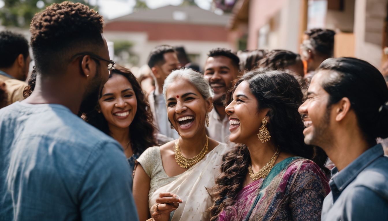 A diverse group of people laughing and engaging at a community event.