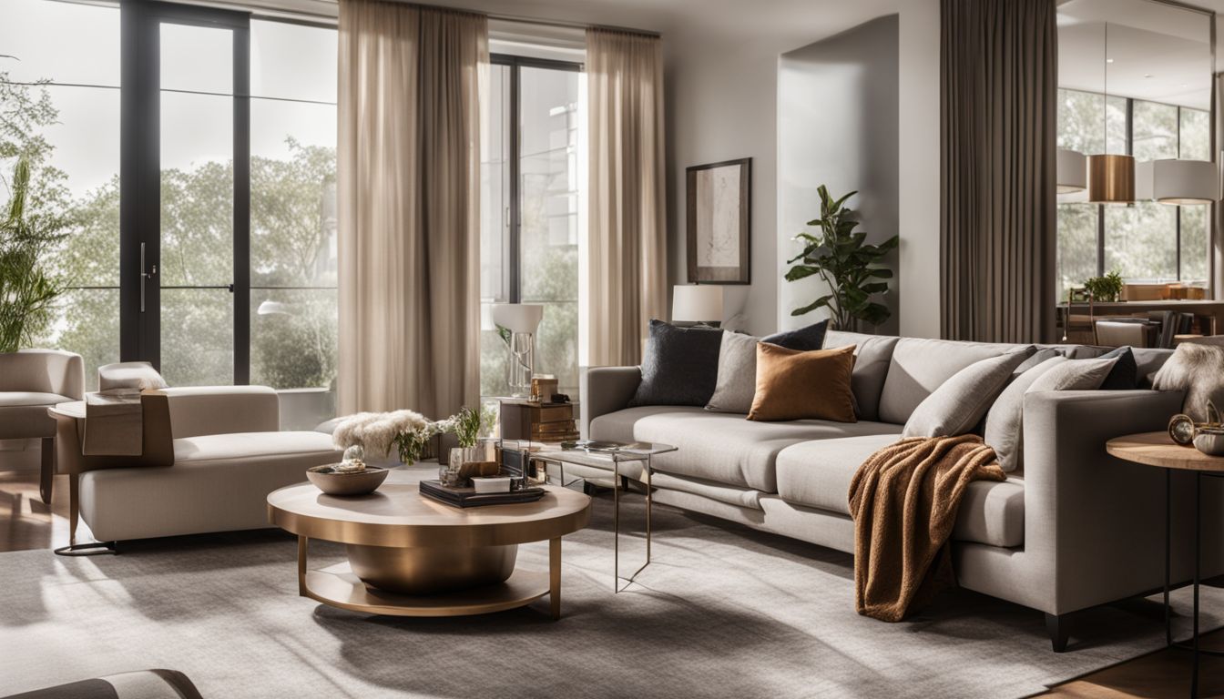 A stylish and well-lit living room with diverse people and furniture.