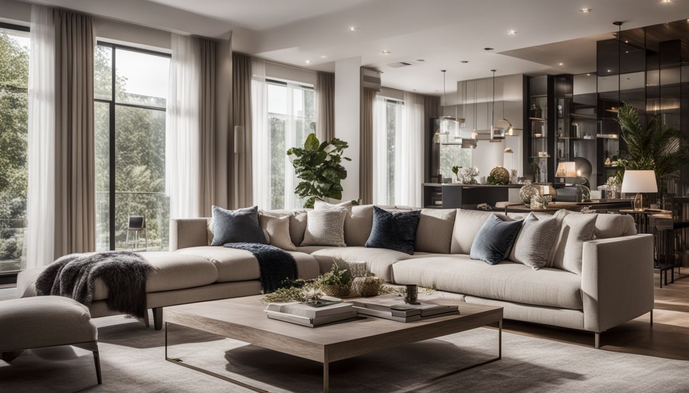 A modern living room showcasing stylish furniture and a bustling atmosphere.