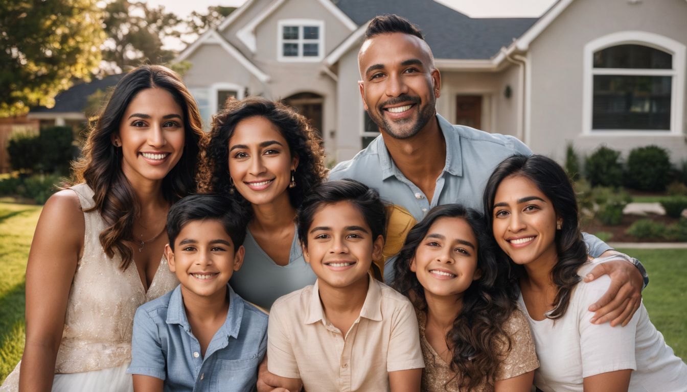 A happy family posing in front of their newly purchased home.