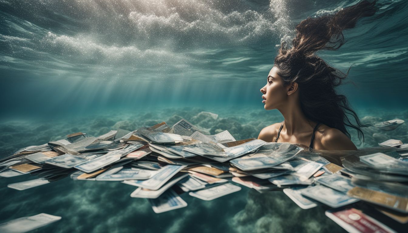 A stack of credit cards sinking underwater symbolizes overwhelming debt.