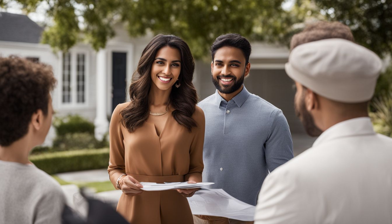 A real estate agent engages with potential buyers in front of a house.