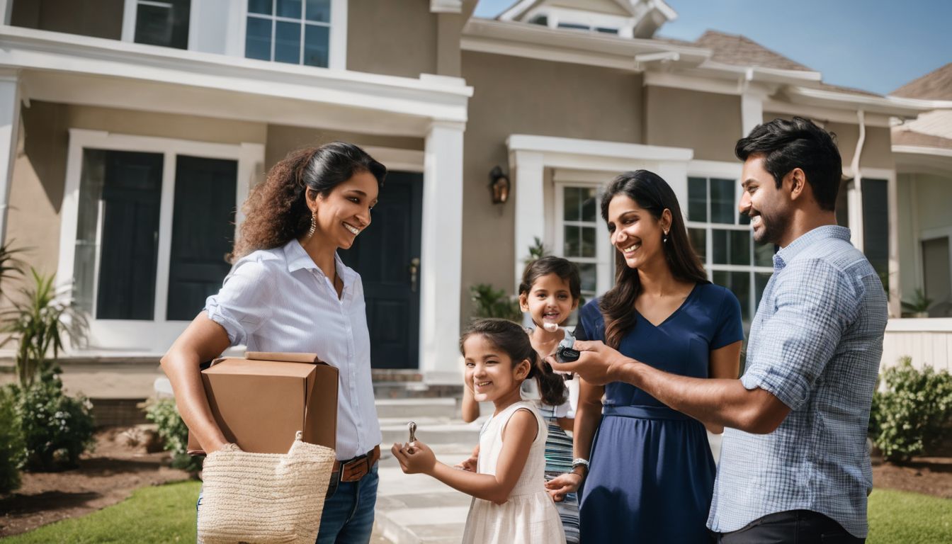 Real estate agent hands over keys to happy family in front of new home.