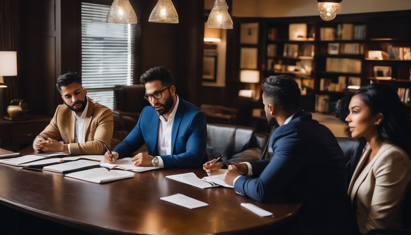 A diverse group of real estate agents studying law books and discussing regulations.