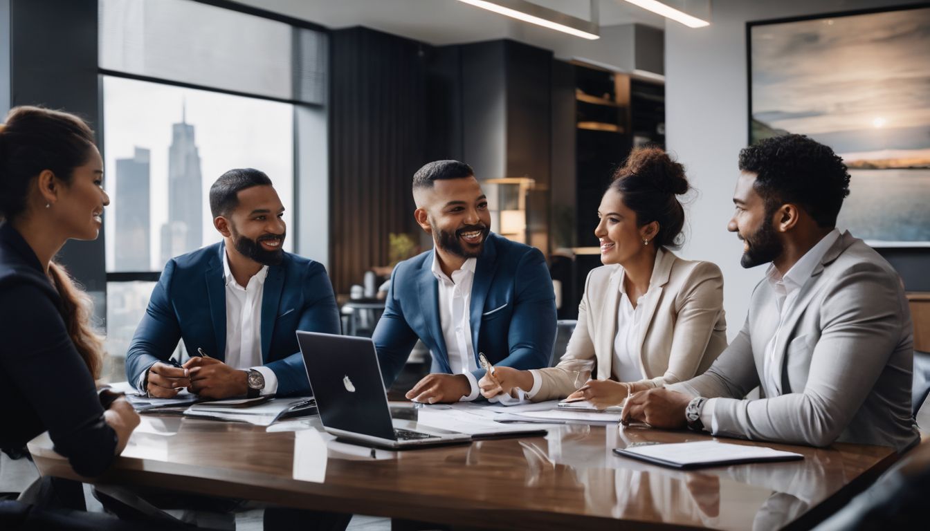 A diverse group of real estate agents discussing contracts in an office.