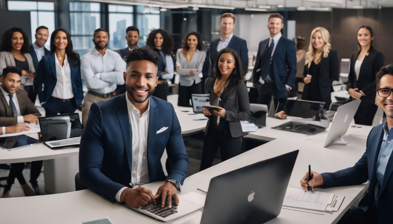 A diverse group of real estate agents in a modern office.