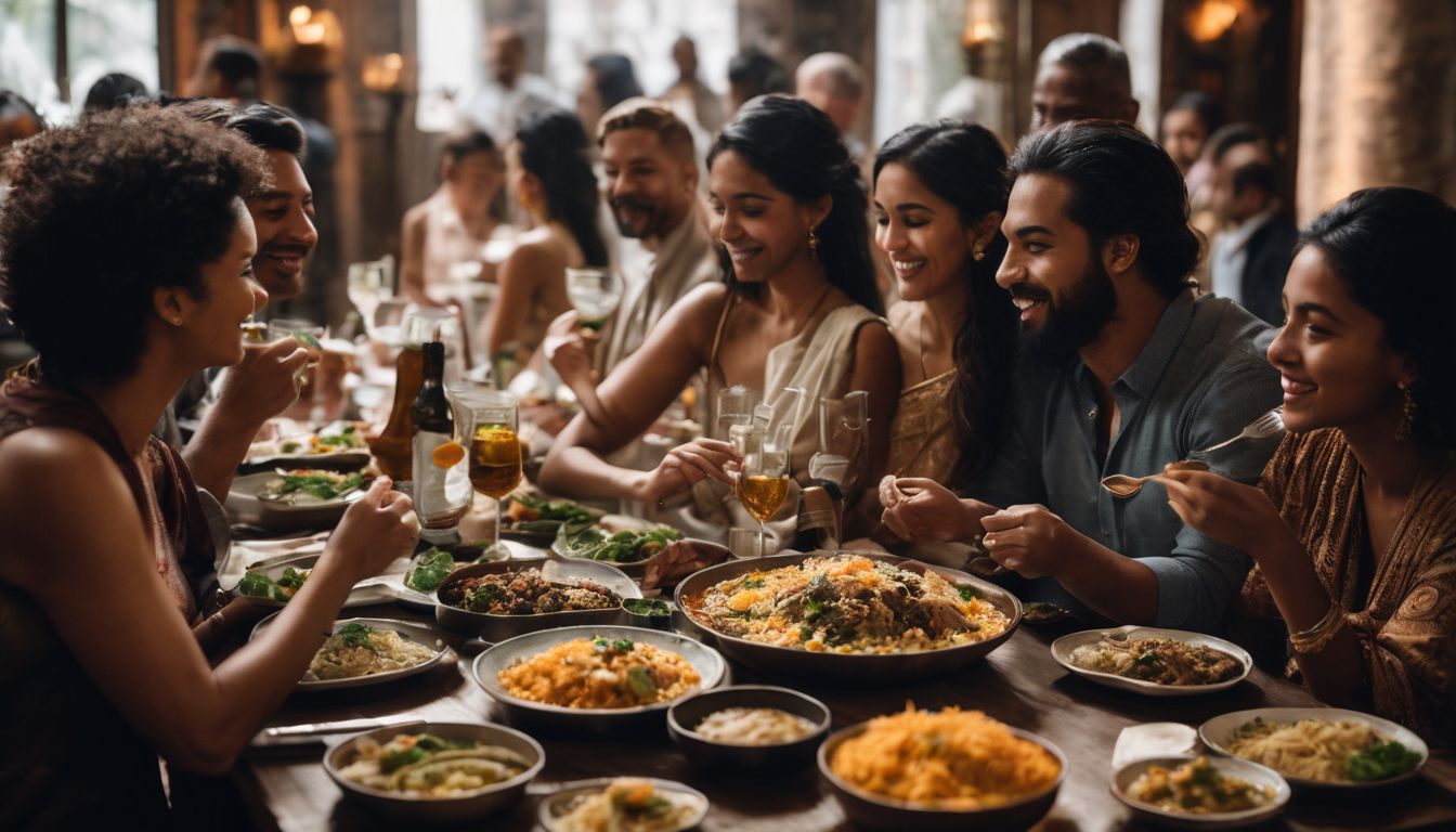 A diverse group enjoying a meal together with various cultural cuisines.