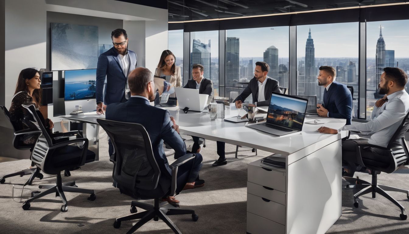 A diverse group of professionals discussing real estate transactions in a modern office setting.