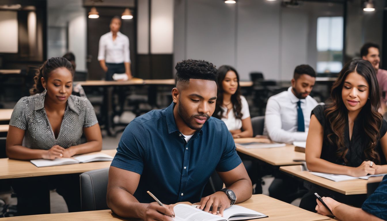 A diverse group of real estate professionals studying together in a classroom.