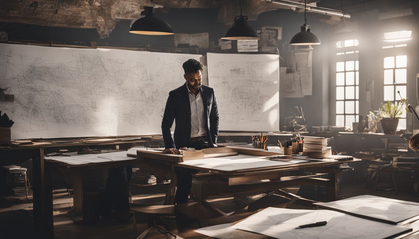 An architect at work surrounded by sketches and blueprints.