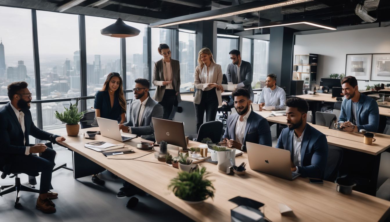 A diverse team of professionals working together in a modern office.