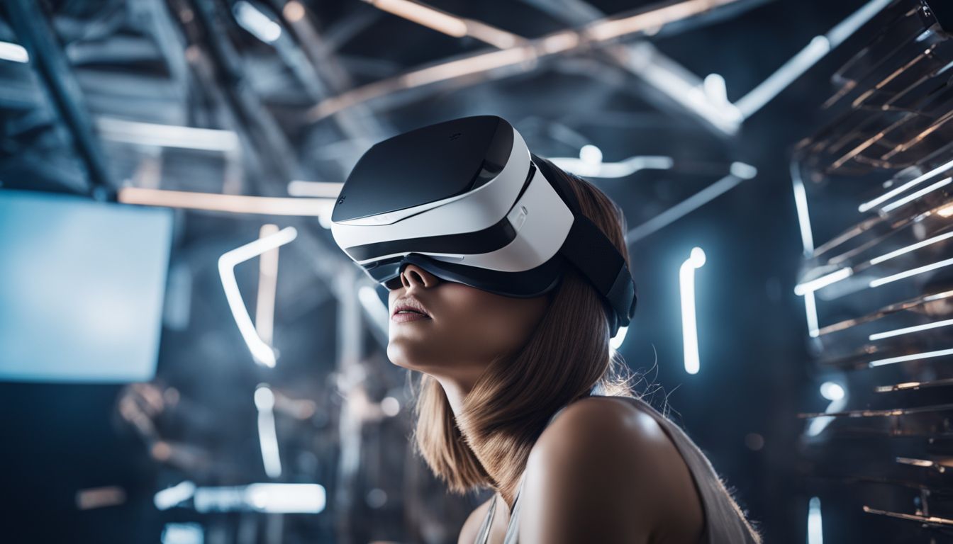 A woman immersed in virtual reality surrounded by futuristic technology.