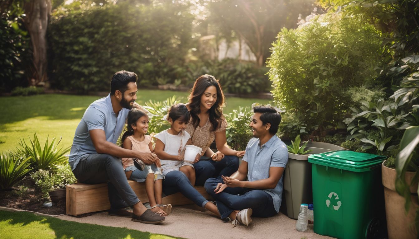 A diverse family poses in a lush garden surrounded by plants and recycling bins.