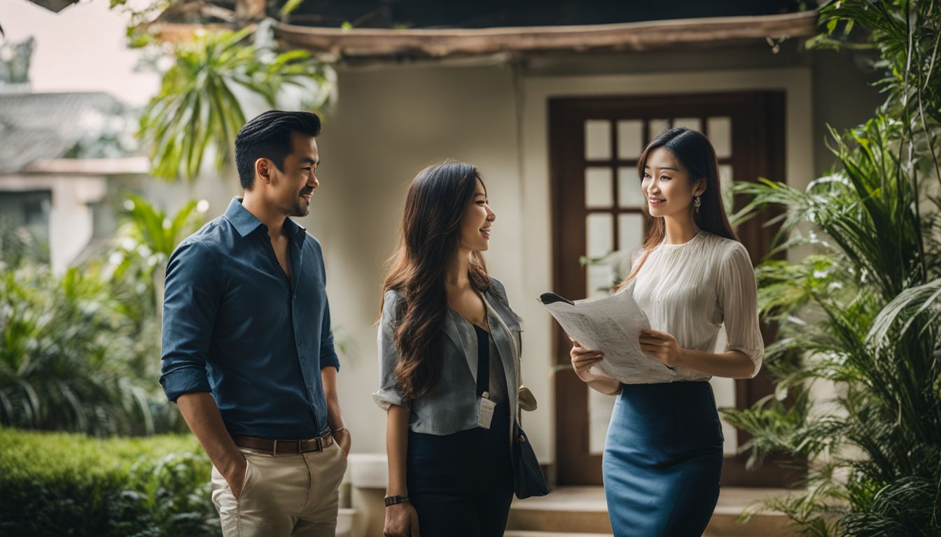 A couple and a real estate agent examining a house.