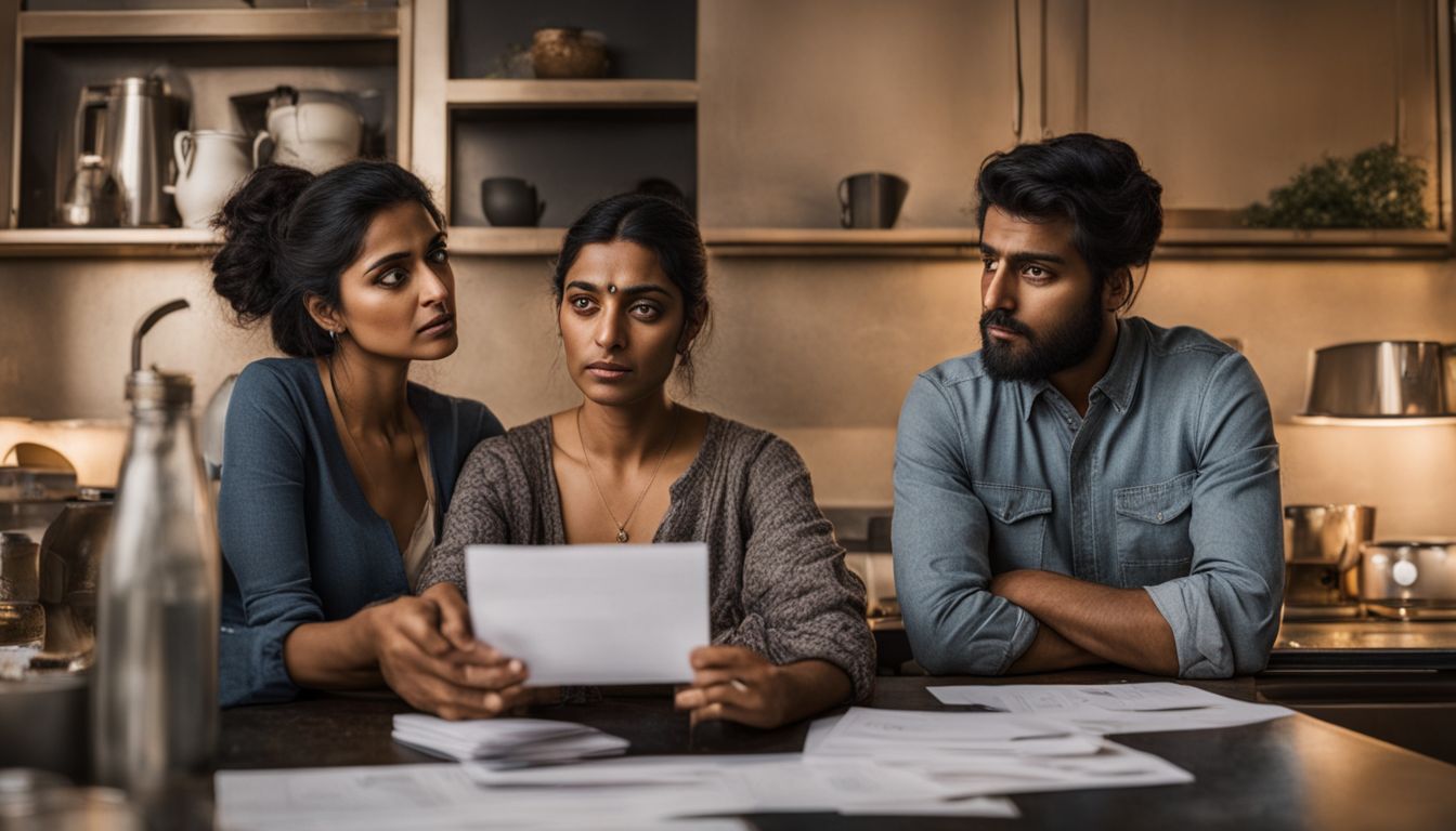 A worried couple surrounded by unpaid bills and credit cards.