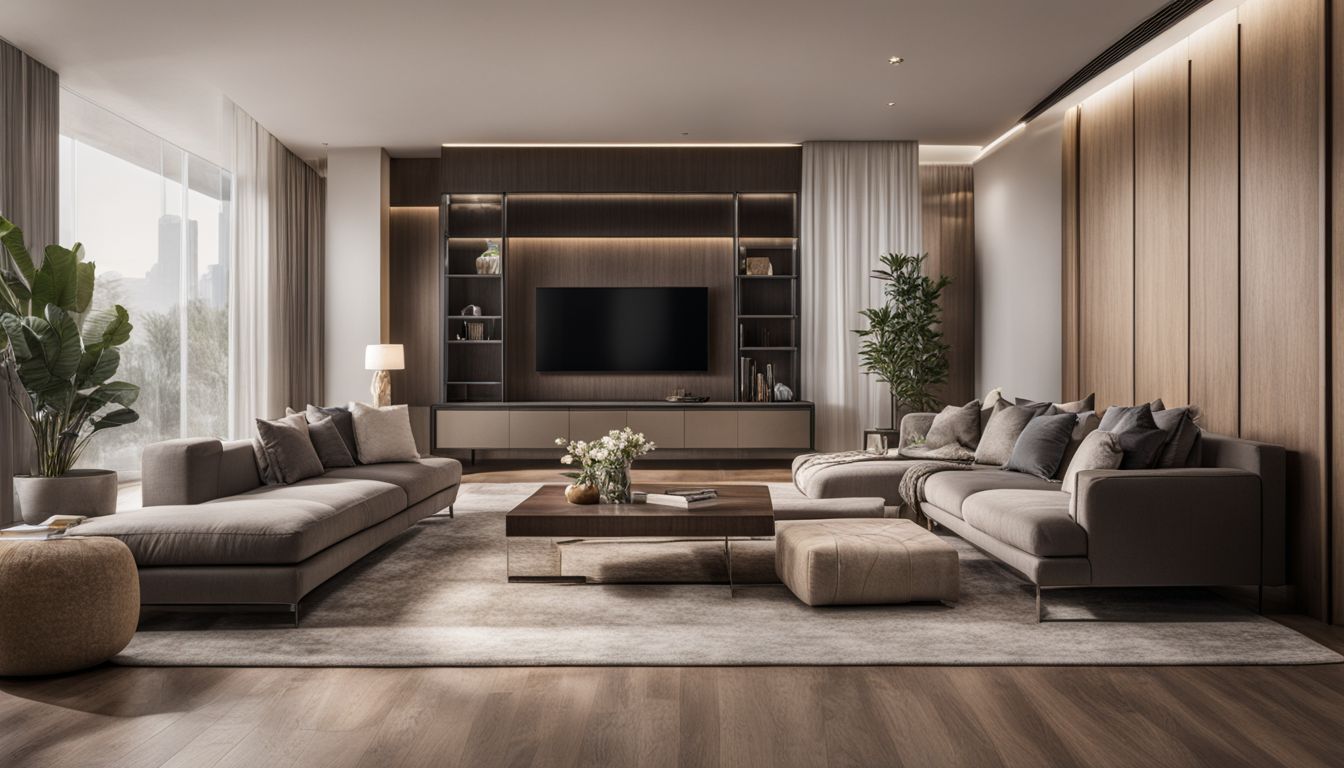 A modern living room with virtual furniture and diverse people.