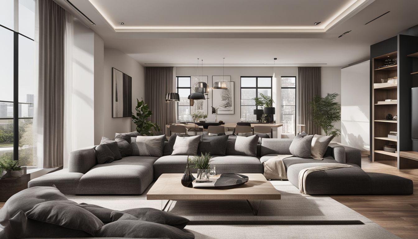 A modern living room with virtual furniture showcases virtual staging in real estate.