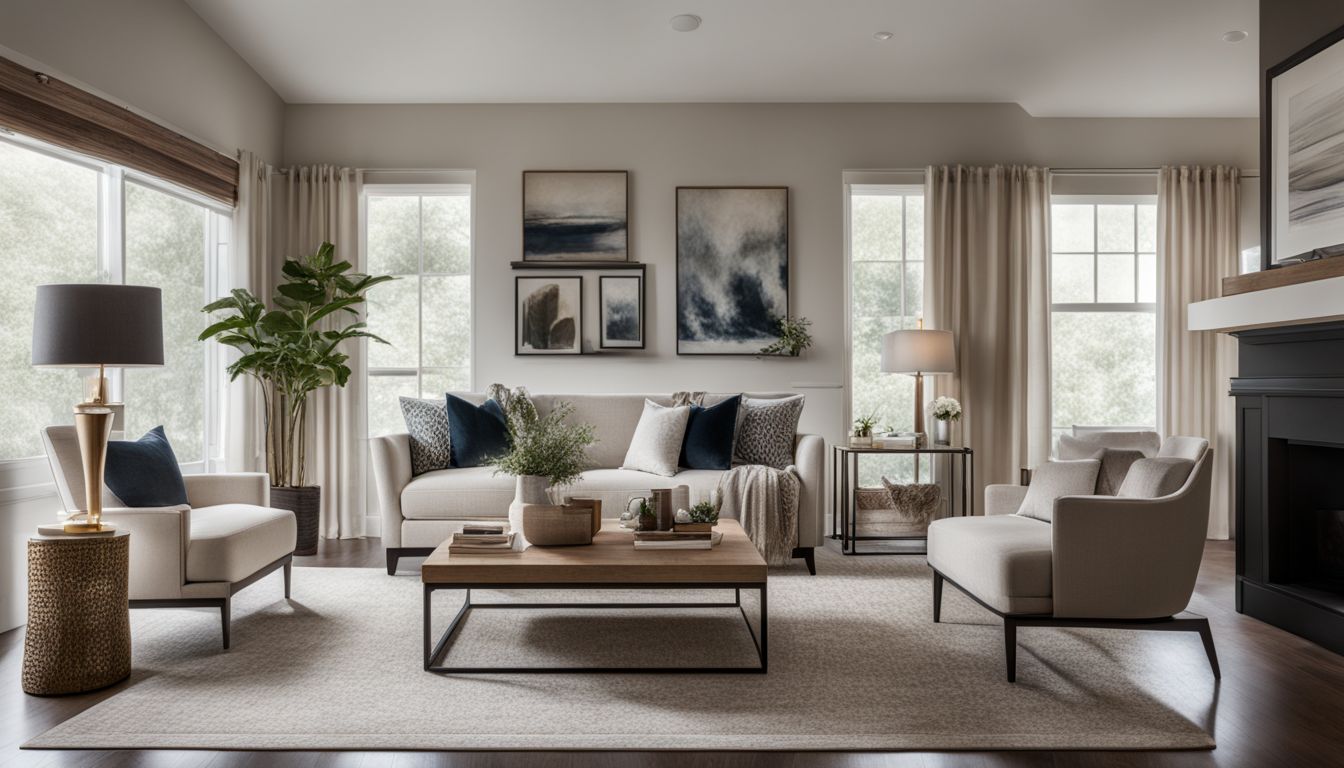 A virtual tour of a beautifully staged living room with modern furniture.