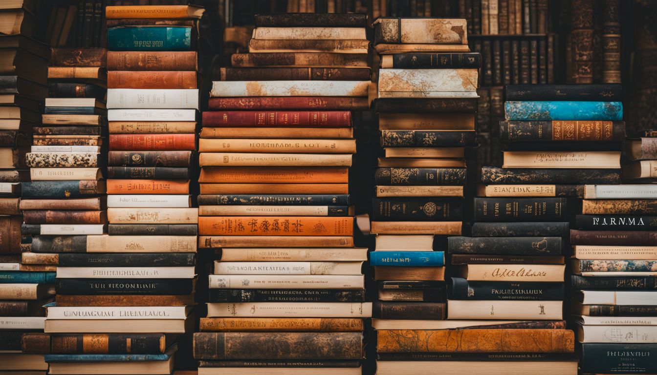 A diverse stack of multilingual books surrounded by a colorful world map.