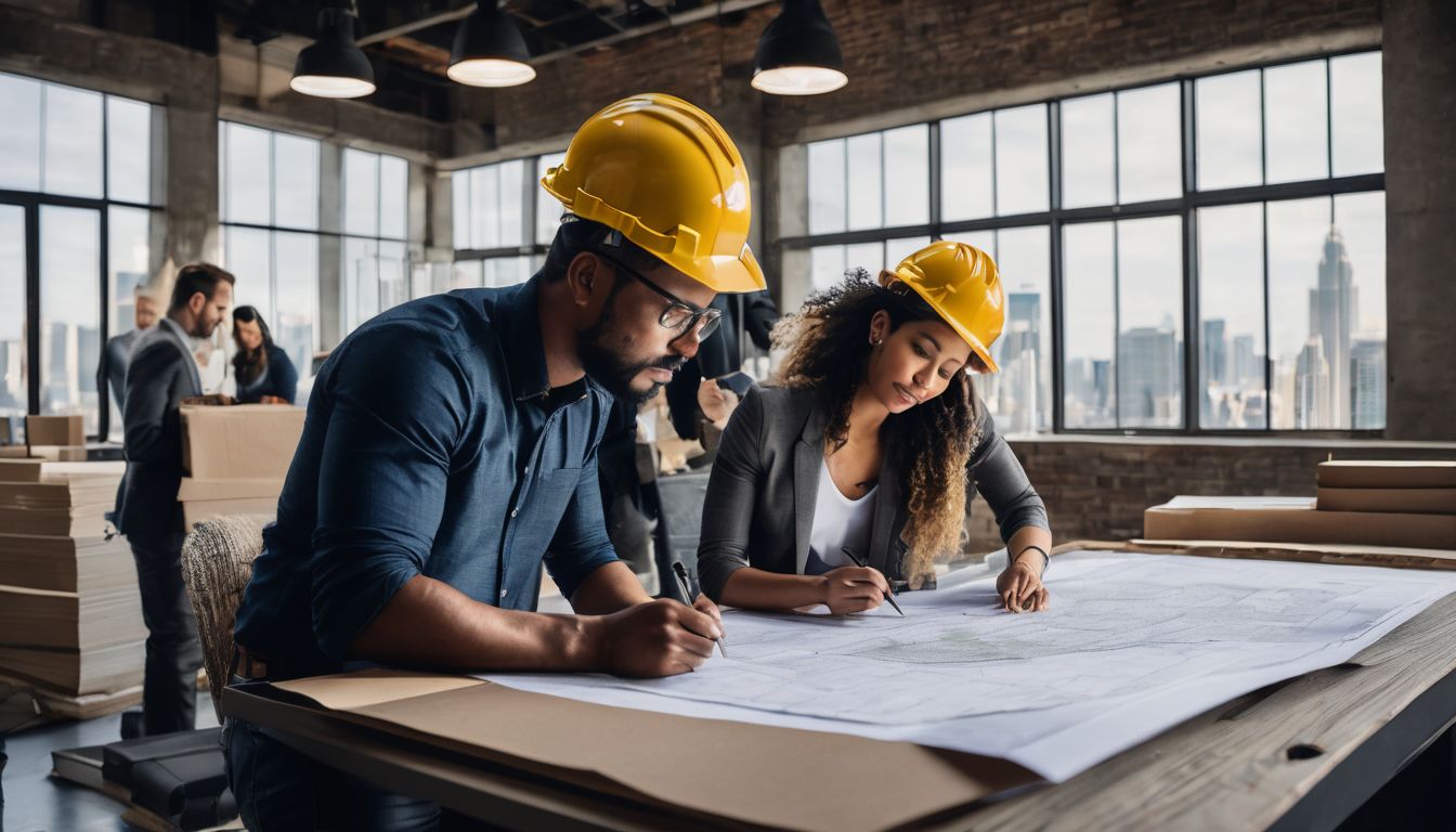 A diverse group of construction professionals collaborating on architectural blueprints.