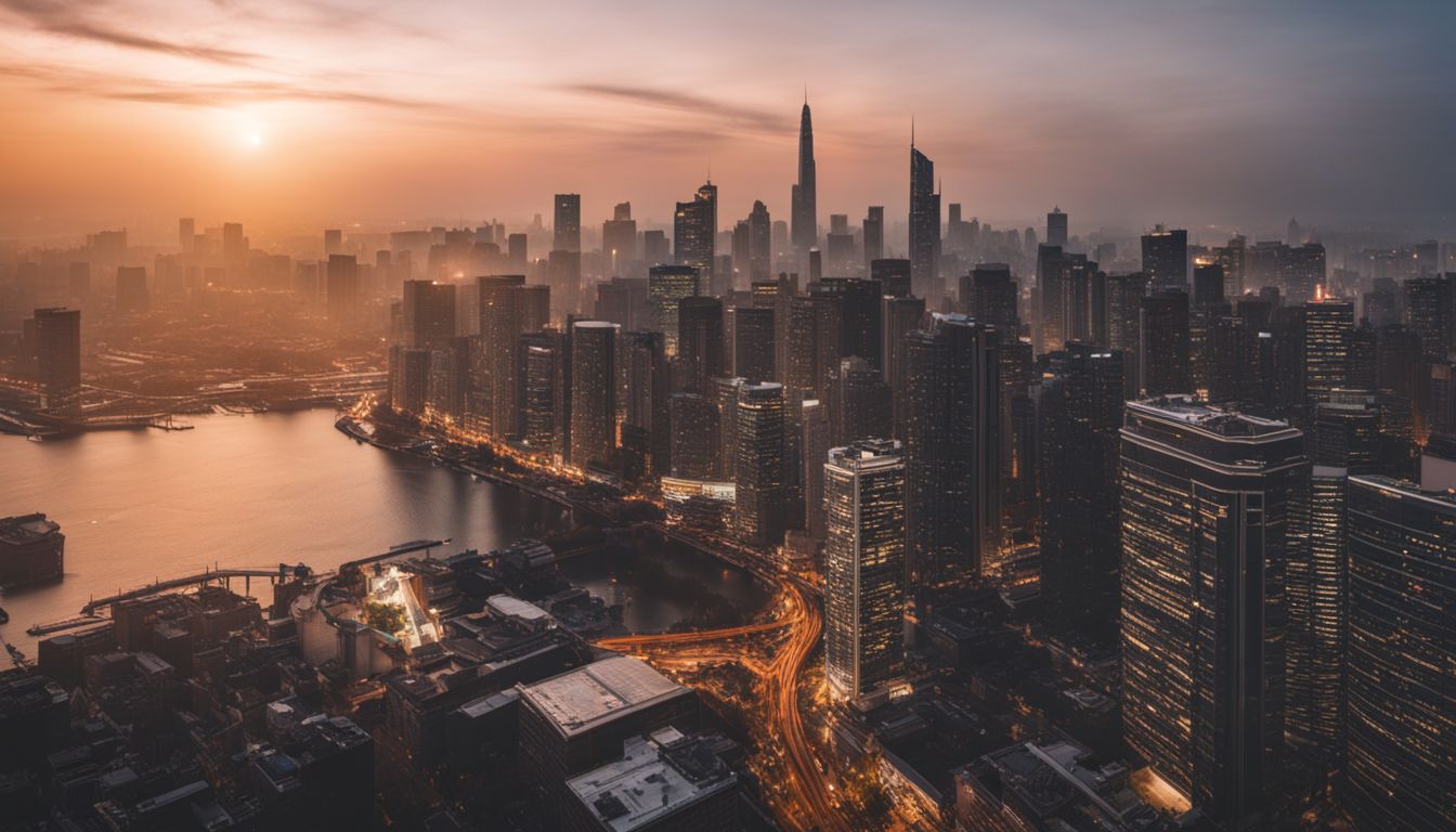 A diverse city skyline at sunset with a bustling atmosphere.