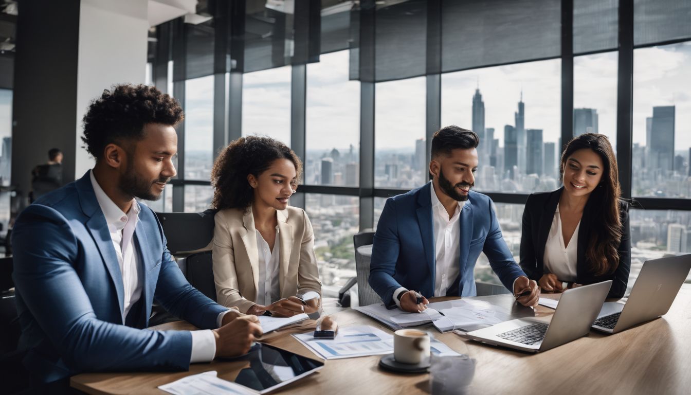 A diverse group of real estate professionals analyzing market data.