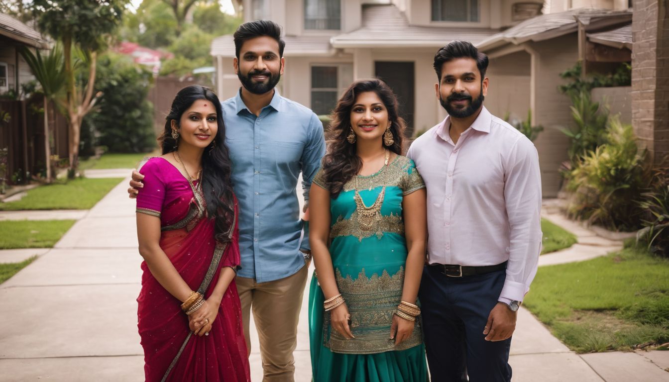 A diverse South Asian family in a vibrant, safe neighborhood.