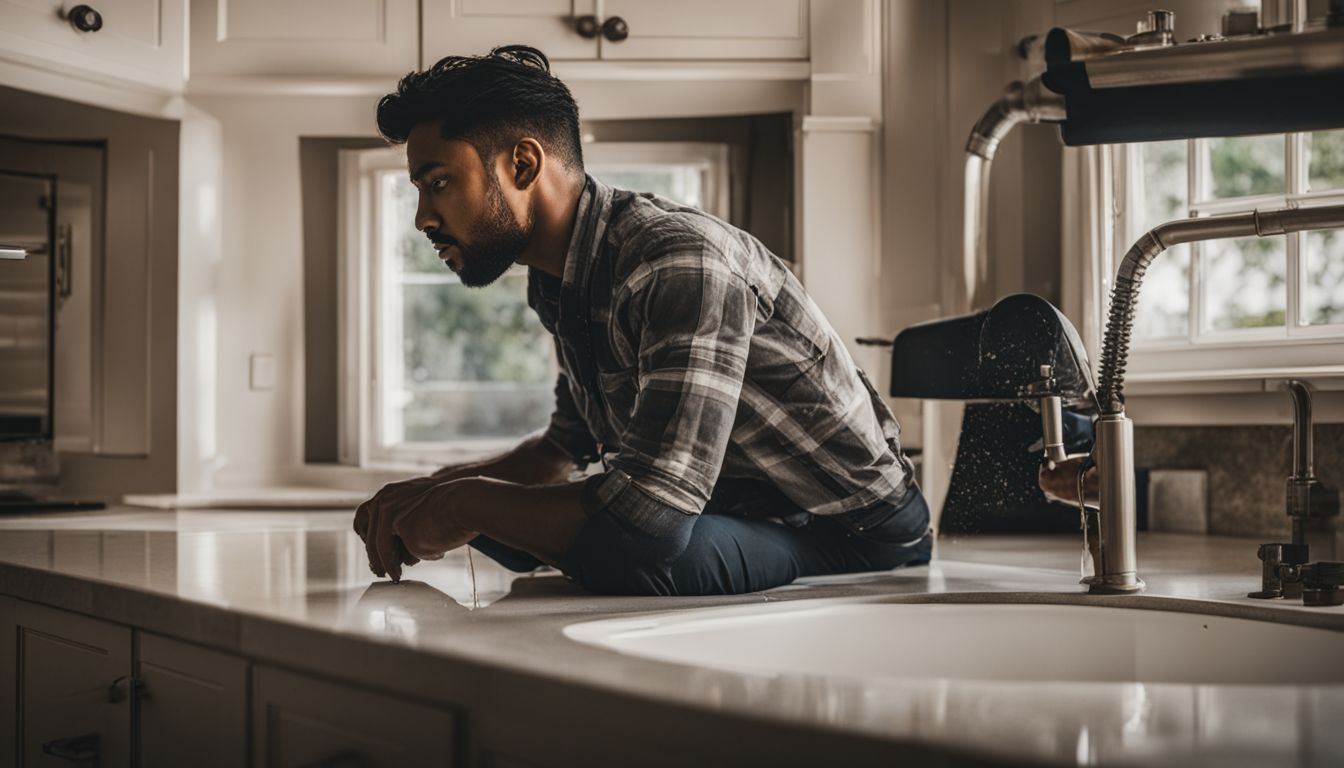 A plumber inspecting pipes under a sink in a well-lit kitchen.