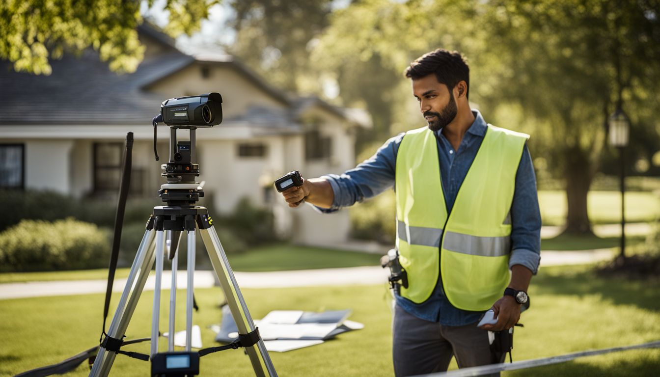 A land surveyor measuring boundaries on a sunny residential property.