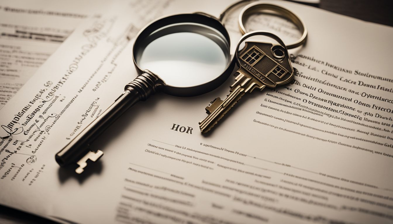 A photo of a house key on top of a title insurance policy surrounded by legal documents and a magnifying glass.