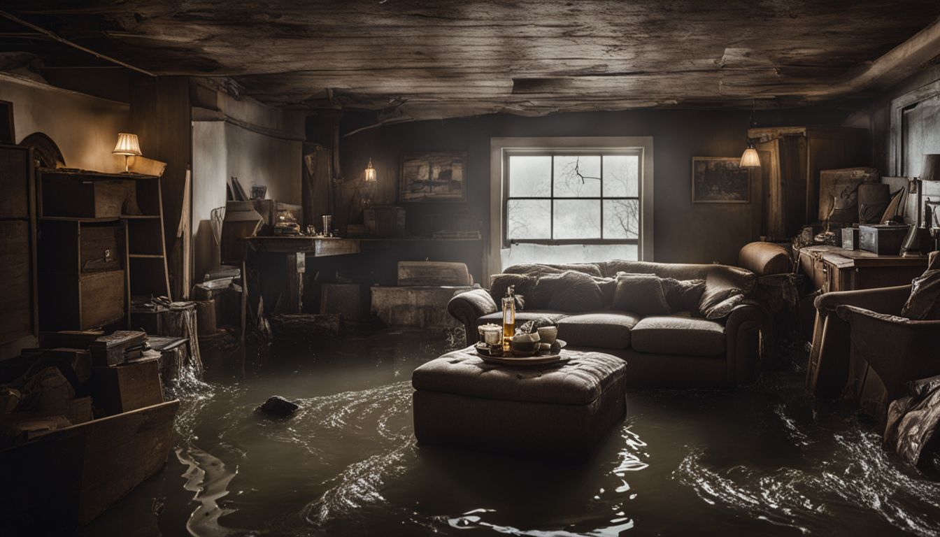 A flooded basement with damaged furniture in a bustling atmosphere.