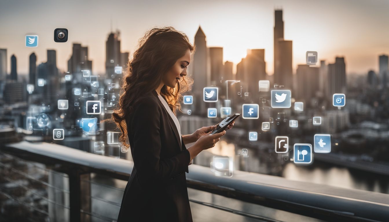 A real estate agent holding a smartphone displaying social media icons.